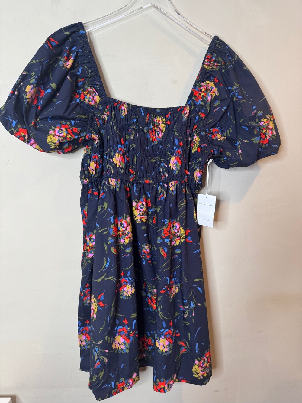 NWT Free Assembly Navy Floral Smocked Puff Sleeve Mini Dress XXL (20) 100% Cotto - Picture 3 of 10